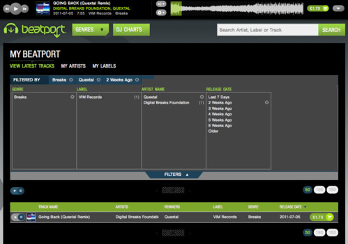 Screenshot of Beatport with Quextal's "Dark Theme" stylesheet activated